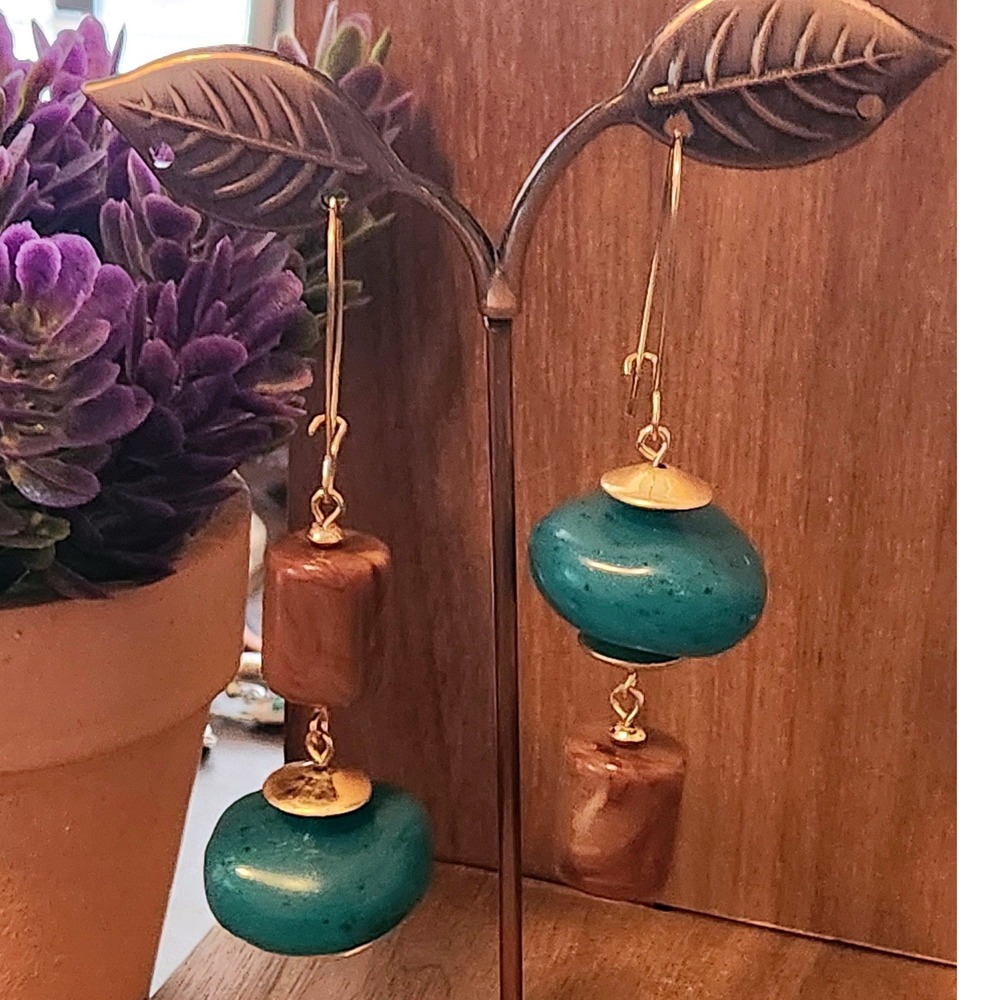 Handmade Asymmetrical Turquoise Brown Beaded Drop Earrings Gold Tone Kidney Wire